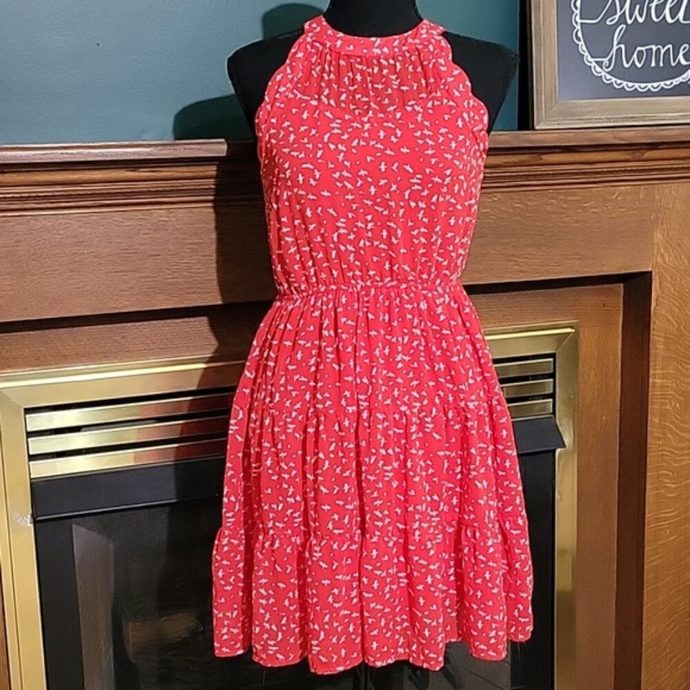 Red White Ruffled Tier Dress Scallop Detail Hem Sheer Neckline Size Small